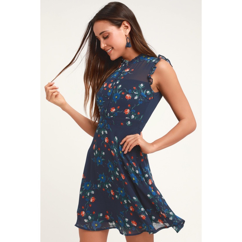 Navy Blue Floral Print Skater Dress